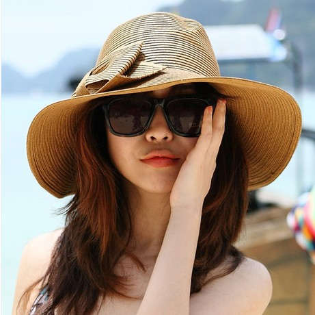 韩版夏天女士双层蝴蝶结遮阳帽太阳帽度假草帽沙滩帽防晒大沿帽子