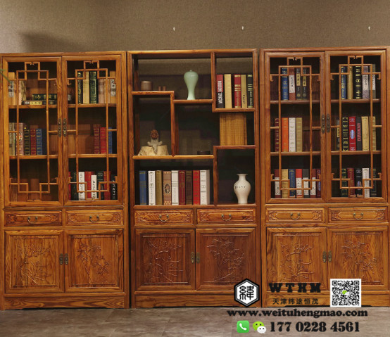 天津中式实木书柜，红酒展柜陈列柜，木制货架定做