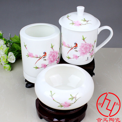 景德镇陶瓷茶杯三件套礼品茶杯烟灰缸笔筒套装生产厂家