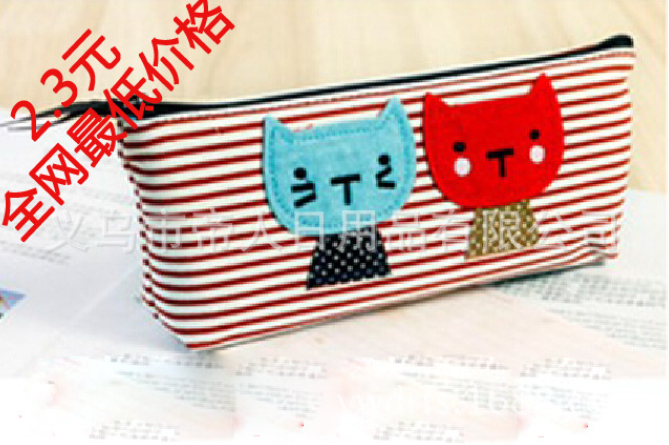 创意韩国甜美可爱小清晰卡通猫咪学生帆布笔袋批发 文具盒报价