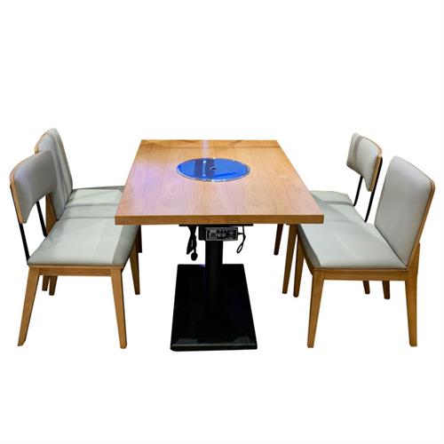简约木制火锅餐桌_木质条形电磁炉火锅桌